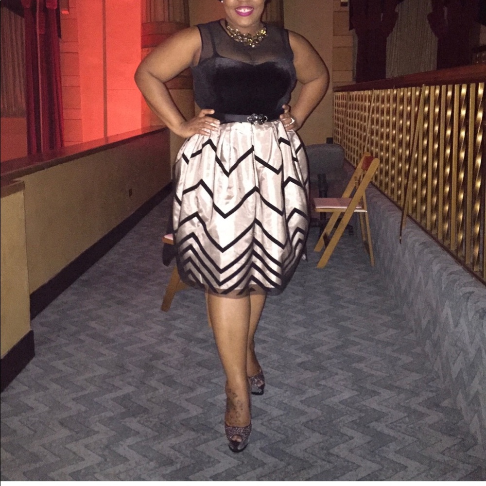 Black and Champagne Sheer Chevron Cocktail Dress